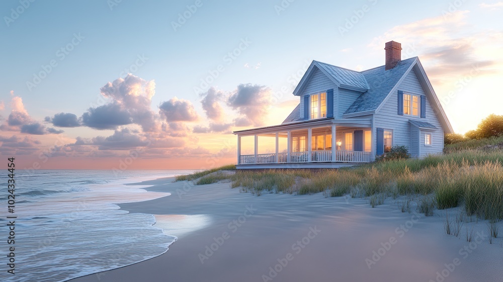 A white beach house sits on a sandy dune overlooking the ocean at sunset. The house has a large porch with a view of the water. There are clouds in the sky. A white beach house sits on a sandy dune overlooking the ocean at sunset. The house has a large porch with a view of the water. There are clouds in the sky.