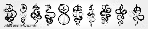 Snake icon. Logo design reptile collection. Animal graphic black silhouette, sign tattoo skin serpent, cobra and anaconda. Symbol knife viper poison. Element sword. Vector New Year isolated emblem set