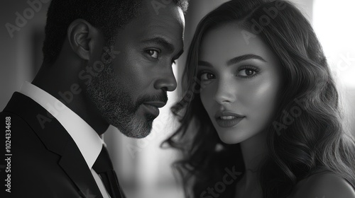 A black and white portrait of a man and woman looking lovingly at each other.