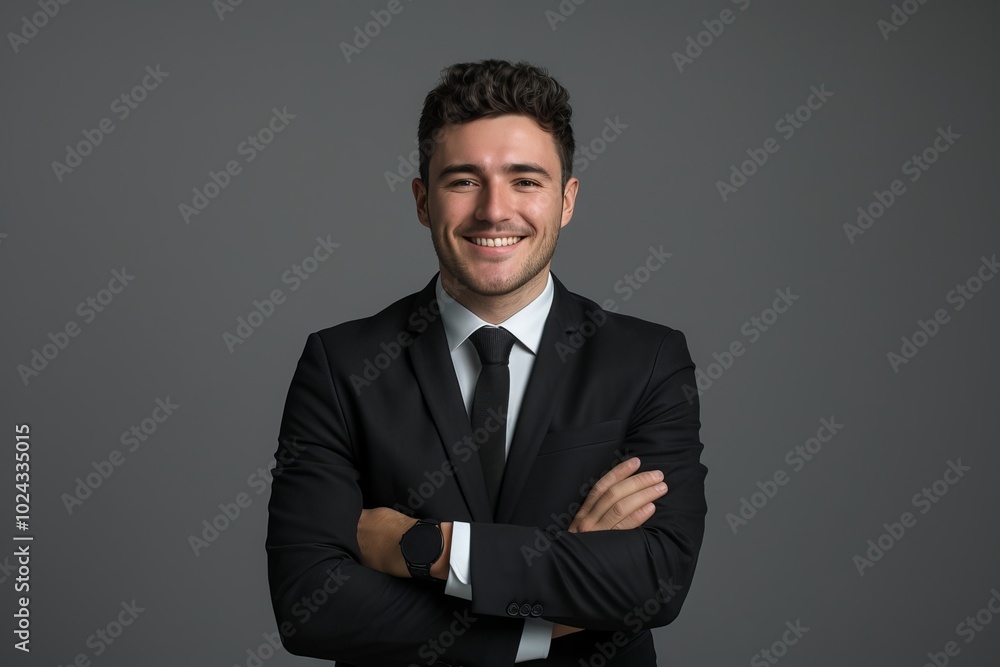 Smiling young businessman in black suit and tie with arms crossed looking aside on gray background—achievement, career success, wealth concepts with mockup copy space Smiling young businessman in black suit and tie with arms crossed looking aside on gray background—achievement, career success, wealth concepts with mockup copy space
