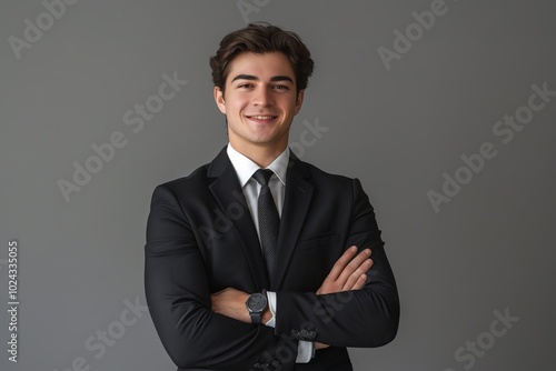 Smiling young businessman in black suit and tie with arms crossed looking aside on gray background—achievement, career success, wealth concepts with mockup copy space