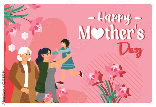 Grandmother, young mother, and daughter playing together. Celebrate Mother's Day happily. Mother's Day concept. Flat vector illustration.