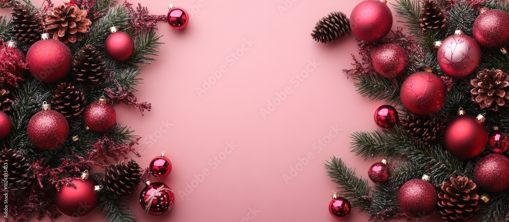 Christmas Ornament Frame with Red Baubles, Pine Branches and Cones on Pink Background.