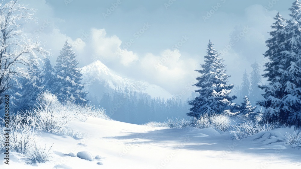A Snow-Covered Winter Landscape with Mountains and Pine Trees A Snow-Covered Winter Landscape with Mountains and Pine Trees