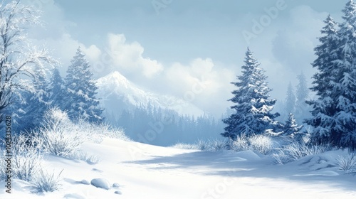 A Snow-Covered Winter Landscape with Mountains and Pine Trees