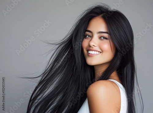 Beautiful woman with long black hair smiling, wearing a white top, posing against a grey background. This image represents the concept of beauty.