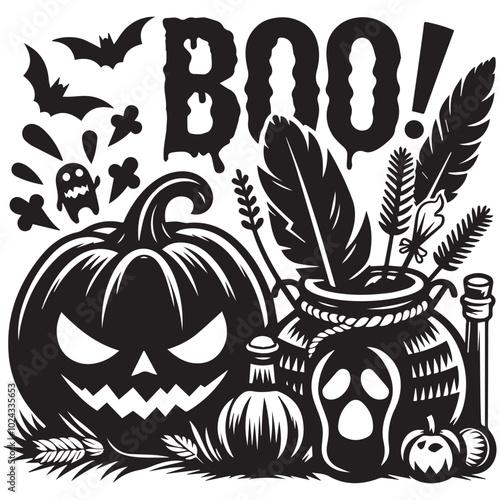 Halloween clip art set showcasing various spooky elements like witches, skeletons, and festive decorations