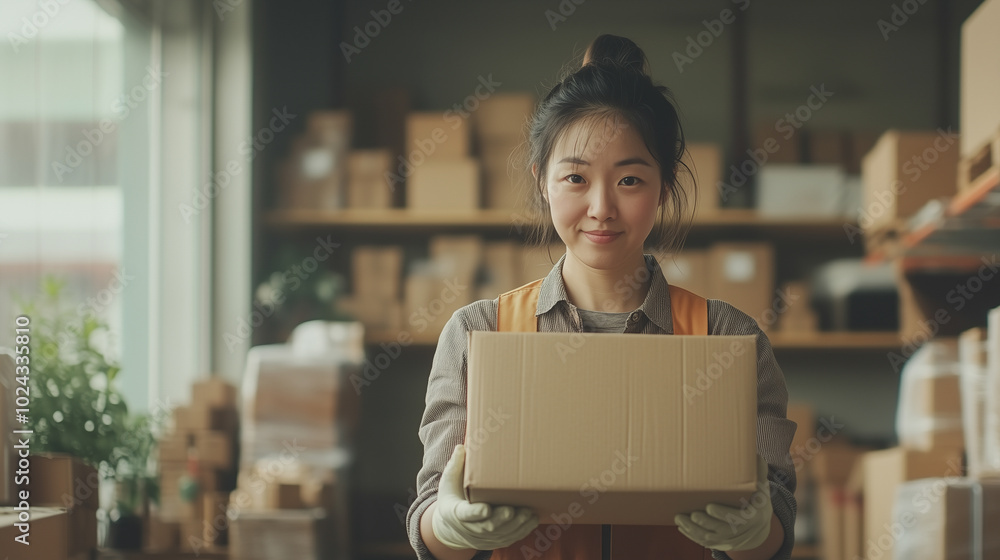 A woman is holding a cardboard box in a warehouse A woman is holding a cardboard box in a warehouse
