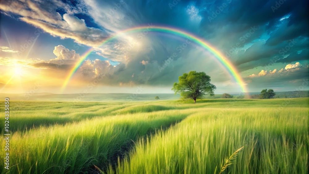 A Serene Meadow Bathed in Golden Sunlight, with a Lush Green Grassland Rolling Towards a Single Tree Standing Tall Beneath a Vibrant Rainbow Arcing Across the Dramatic Sky A Serene Meadow Bathed in Golden Sunlight, with a Lush Green Grassland Rolling Towards a Single Tree Standing Tall Beneath a Vibrant Rainbow Arcing Across the Dramatic Sky