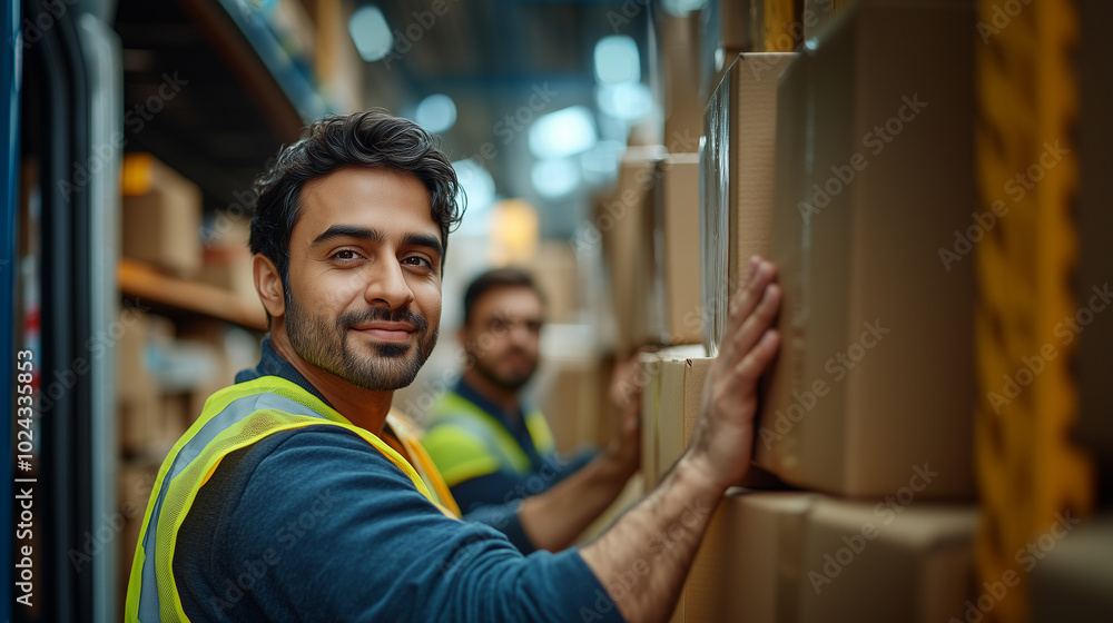 A man in a yellow vest is standing in a warehouse with boxes A man in a yellow vest is standing in a warehouse with boxes