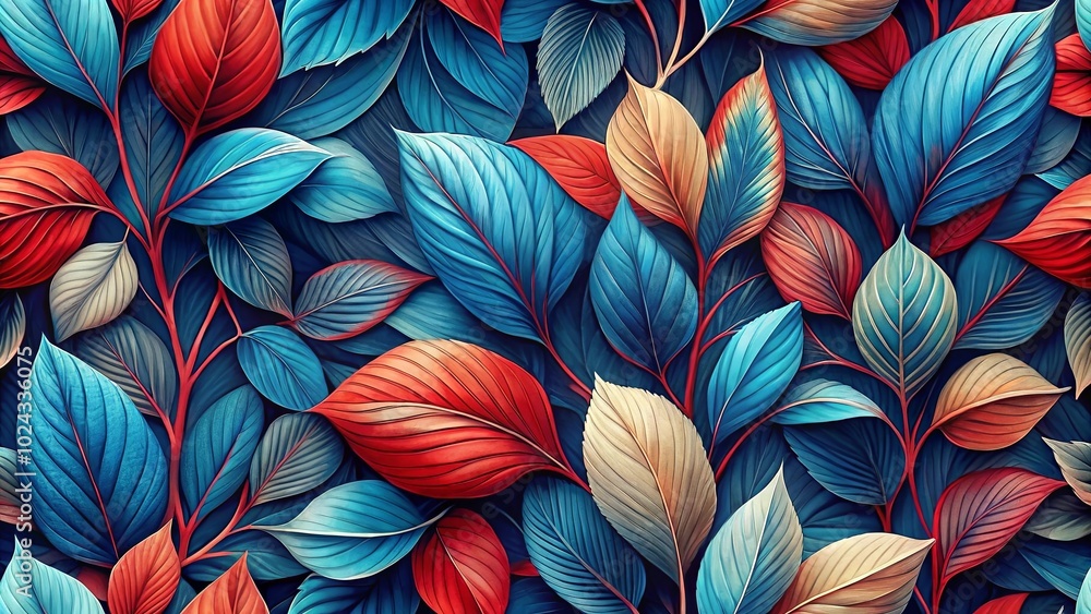 A symphony of colors on vibrant foliage, where blue, red, and beige hues intertwine in an abstract dance of nature A symphony of colors on vibrant foliage, where blue, red, and beige hues intertwine in an abstract dance of nature