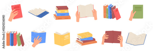 Book stack. University library, open novel, hands holding notebook. Education study literacy. Reading at bookstore, dictionary and encyclopedia. Reader rows. Vector garish cartoon flat isolated set