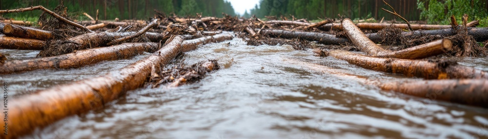 Flash flood waters carrying logs, branches, and debris through a rural landscape, debris in flash flood, violent water Flash flood waters carrying logs, branches, and debris through a rural landscape, debris in flash flood, violent water