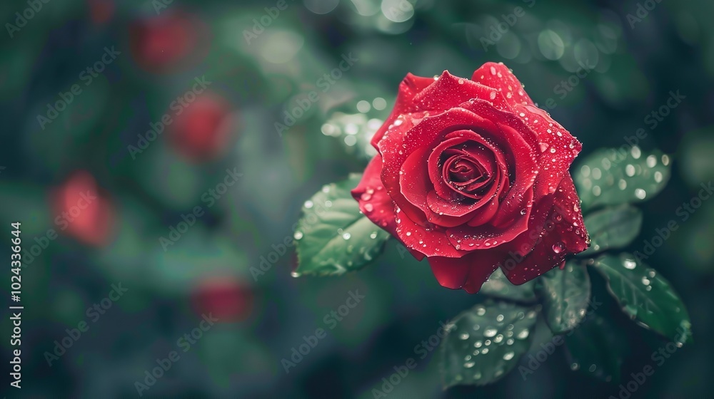 little red rose in closeup with water droplets and large copy space, Generative AI. little red rose in closeup with water droplets and large copy space, Generative AI.