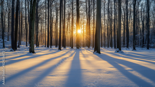 Captivating winter solstice sunrise illuminating a snow-covered forest landscape
