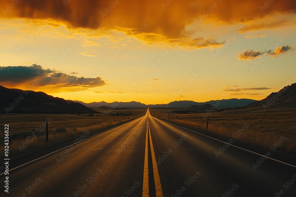 Fototapeta premium The road stretches across a barren valley, illuminated by the evening sunlight, creating a beautiful scene