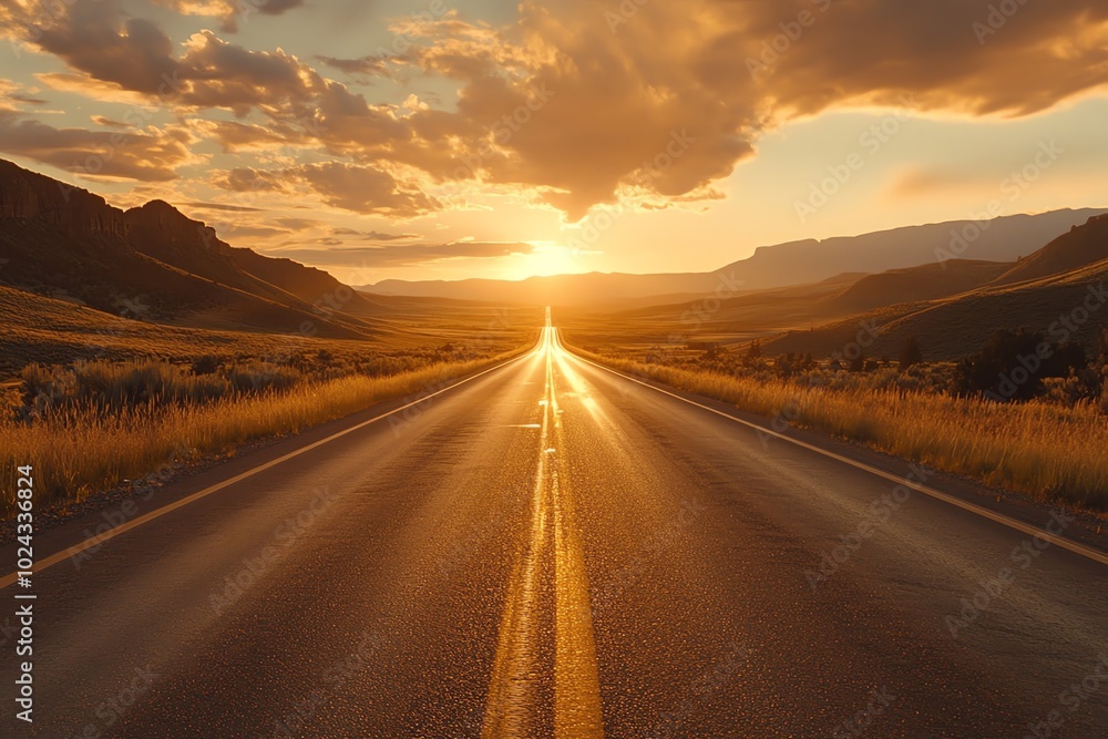Fototapeta premium The road stretches across a barren valley, illuminated by the evening sunlight, creating a beautiful scene