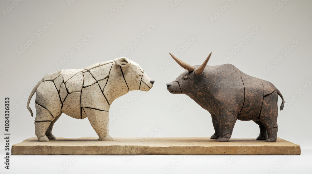 Fototapeta premium Crumbling stone bull and bear sculptures symbolize market dynamics and economic trends. intricate design showcases contrast between strength and fragility, evoking contemplation