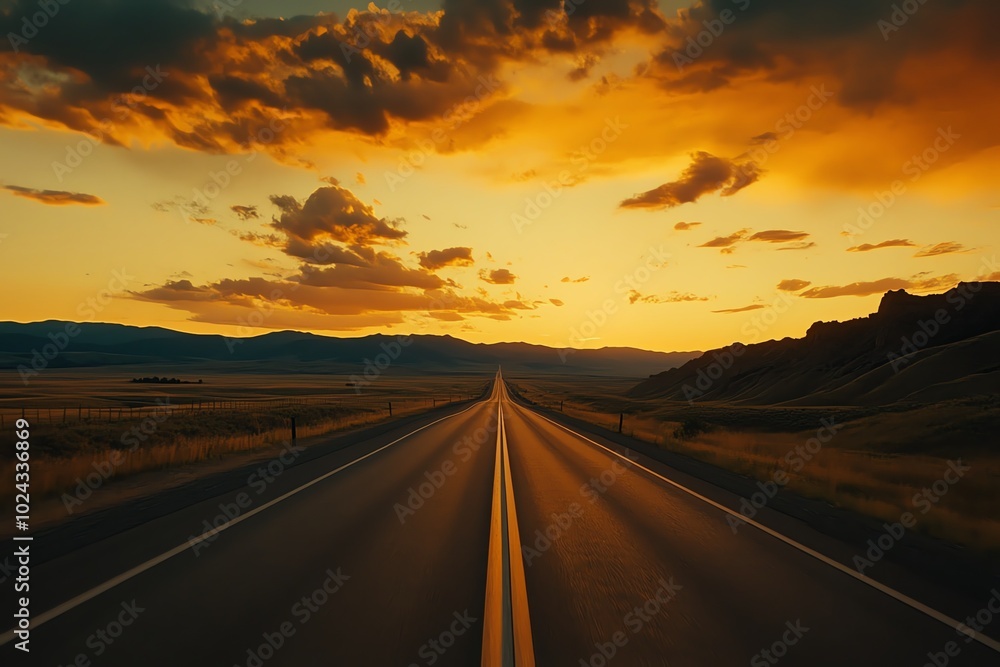 The road stretches across a barren valley, illuminated by the evening sunlight, creating a beautiful scene The road stretches across a barren valley, illuminated by the evening sunlight, creating a beautiful scene