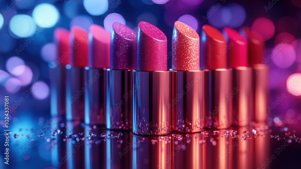 A row of colorful lipsticks with glittery texture, arranged on a reflective surface under a colorful, blurred light backdrop. A row of colorful lipsticks with glittery texture, arranged on a reflective surface under a colorful, blurred light backdrop.