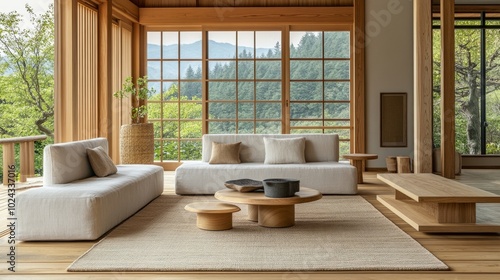 A luxurious Japandi-style living room with minimalist design, neutral colors, light wood furnishings, and soft, cozy textiles. photo