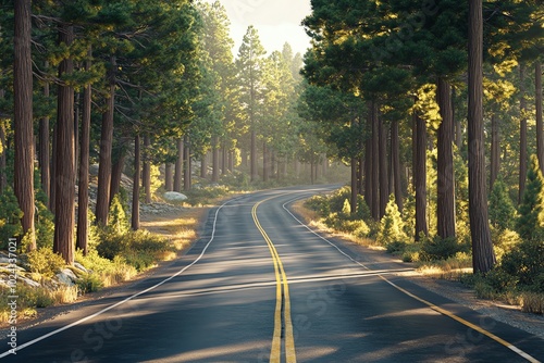 The road stretches across a valley, with large pine trees on both sides.