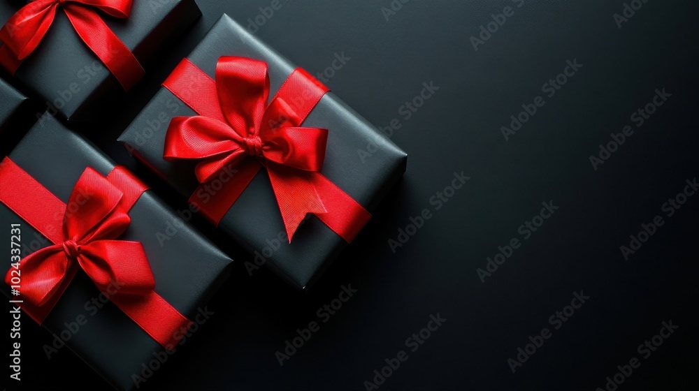 Elegant black gift boxes with red ribbons arranged on a dark background, perfect for special occasions and celebrations Elegant black gift boxes with red ribbons arranged on a dark background, perfect for special occasions and celebrations