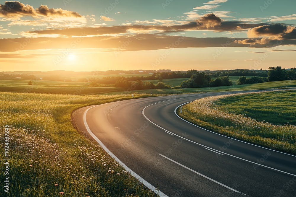 Naklejka premium The road leads up the mountain. The roadside was filled with green grass and bright white flowers. In the evening atmosphere there is beautiful sunlight.