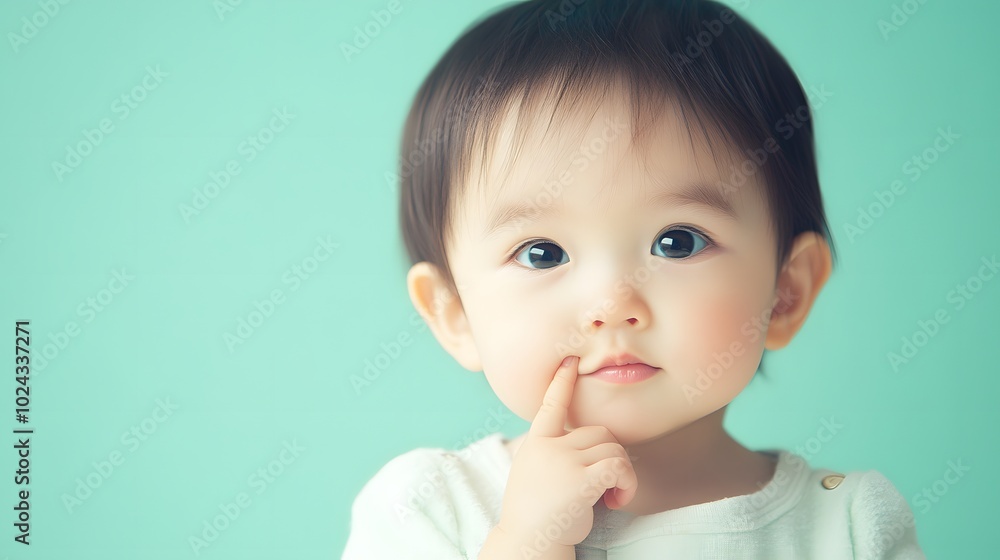 49. A child with a thoughtful look, finger on chin as if pondering, against a pastel green background.