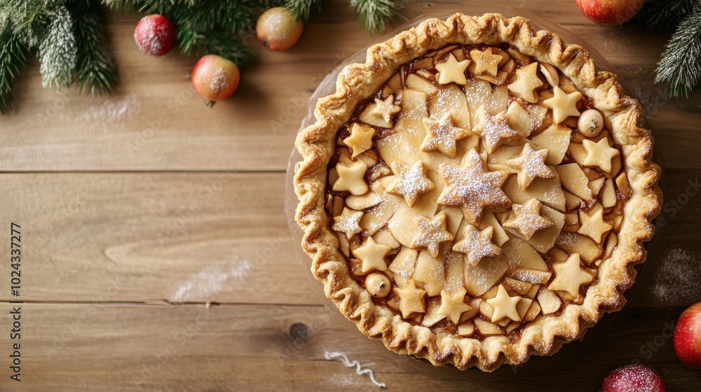 Festively decorated apple pie with star-shaped crust displayed on a wooden table surrounded by holiday ornaments Festively decorated apple pie with star-shaped crust displayed on a wooden table surrounded by holiday ornaments