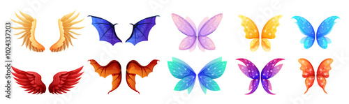 Cartoon wing. Fairy or dragon parts. Angel or vampire flight. magic butterfly. Beauty icon. Carnival costume. Bird feather. Fantasy animal. Halloween character. Fly symbol. Vector garish elements set