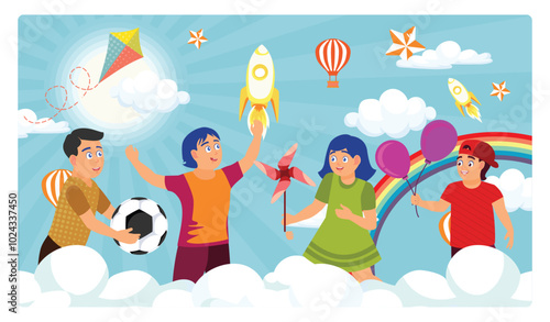 Happy children playing on the clouds. Colorful children's day celebration. Children's Day concept. Flat vector illustration.
