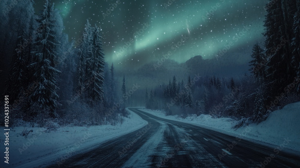 Obraz premium A serene winter road under a starry sky and northern lights.