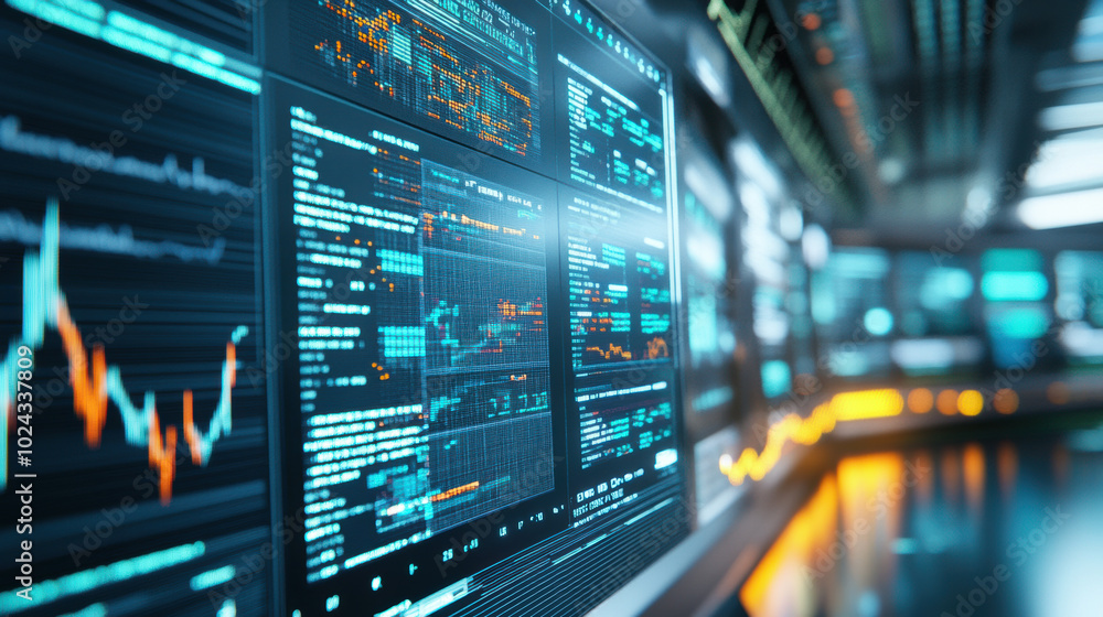 Futuristic trading terminal displaying data analytics and stock market trends with vibrant graphs and digital interfaces. high tech environment evokes sense of innovation and advanced technology Futuristic trading terminal displaying data analytics and stock market trends with vibrant graphs and digital interfaces. high tech environment evokes sense of innovation and advanced technology