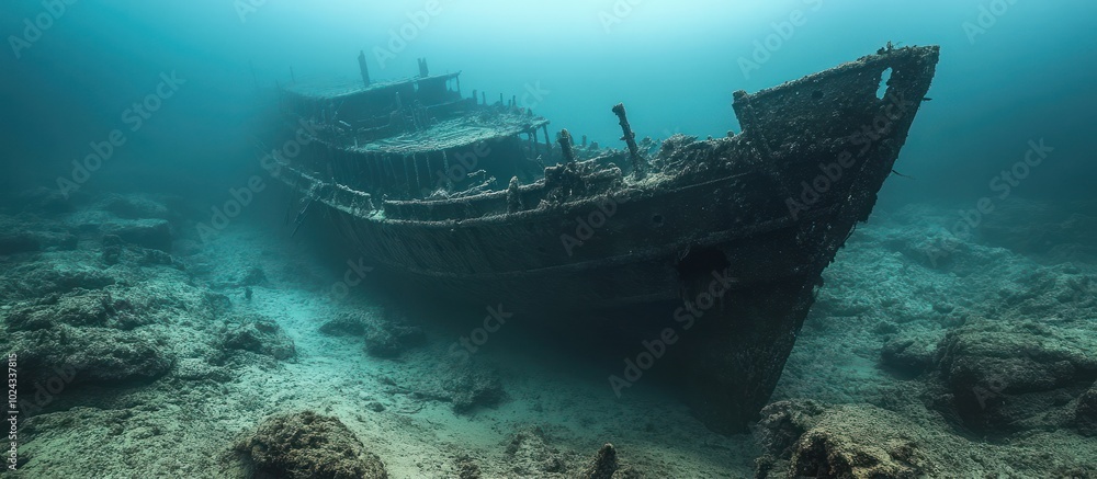 Fototapeta premium An old shipwreck lays on the ocean floor, covered in marine growth, surrounded by rocks.