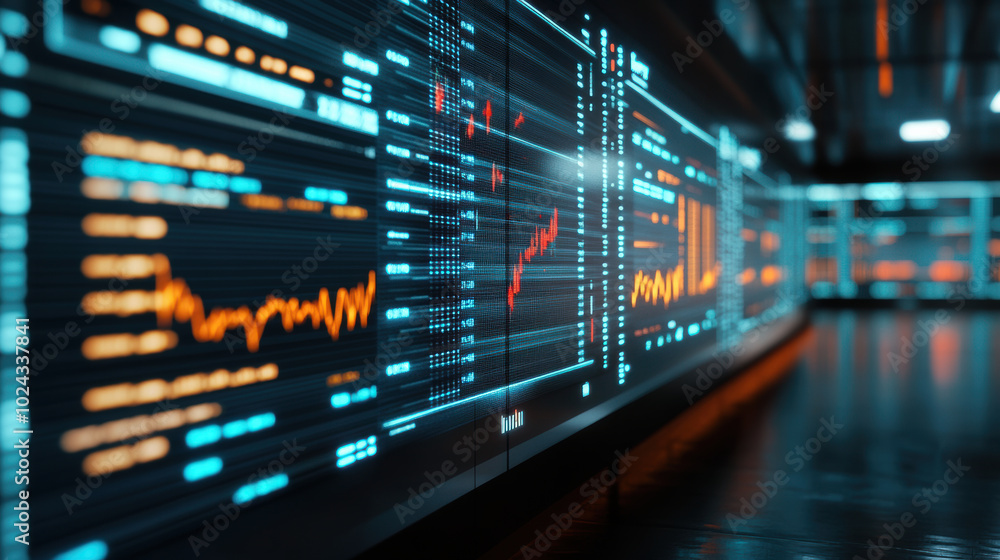 Futuristic trading terminal displaying vibrant data visualizations and graphs, showcasing market trends and fluctuations in high tech environment Futuristic trading terminal displaying vibrant data visualizations and graphs, showcasing market trends and fluctuations in high tech environment