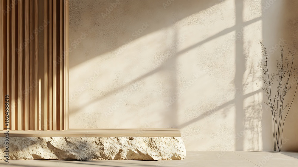 Concrete tabletop on wooden wall panels background for product presentation. Empty countertop with vertical slats. Aesthetic podium mockup in modern studio interior. Concrete tabletop on wooden wall panels background for product presentation. Empty countertop with vertical slats. Aesthetic podium mockup in modern studio interior.