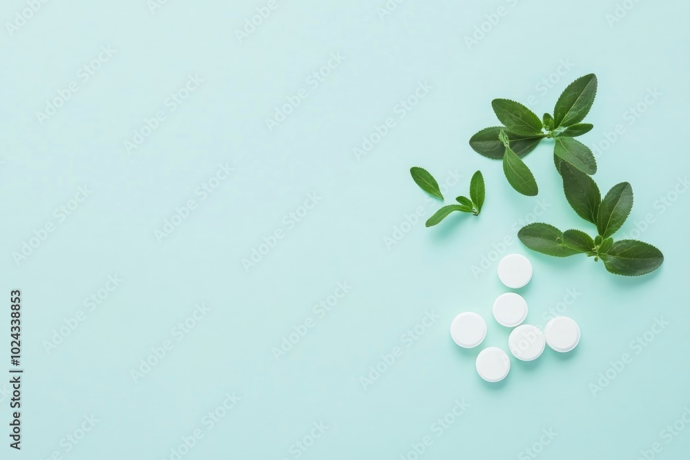 Minimalistic Herbal Medicine Concept with Green Leaves and White Pills on Soft Background Minimalistic Herbal Medicine Concept with Green Leaves and White Pills on Soft Background