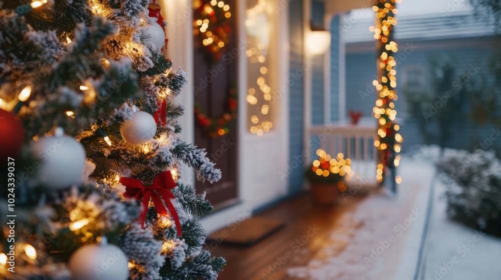 A close-up of a decorated front porch with garlands, lights, and a snow-dusted Christmas tree. A close-up of a decorated front porch with garlands, lights, and a snow-dusted Christmas tree.