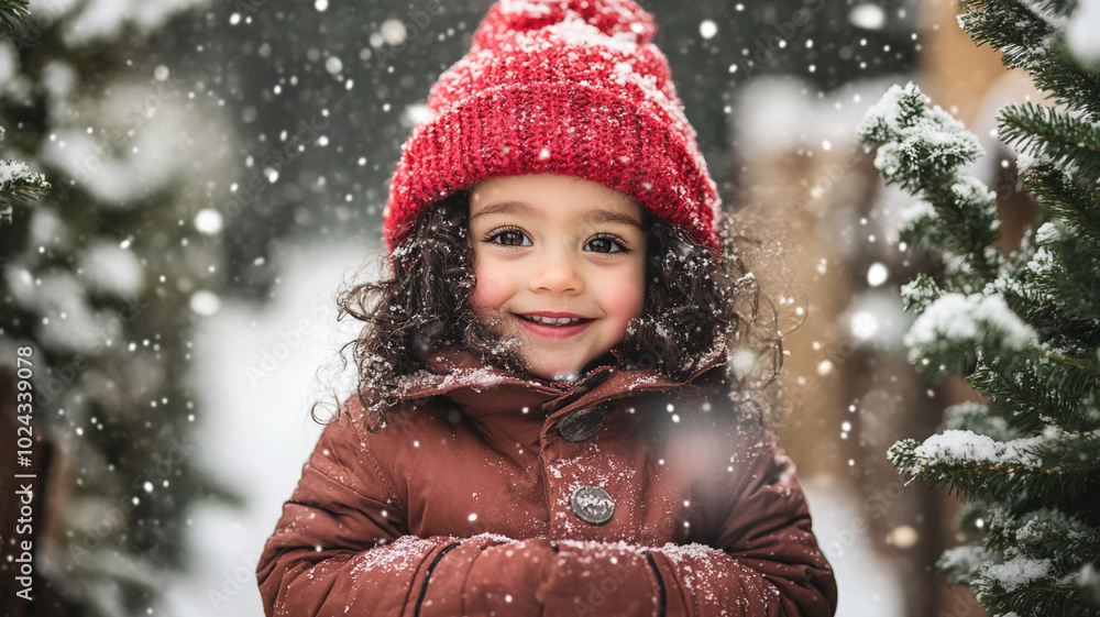 A joyful child with curly hair in a red hat enjoying snow on Christmas Day among evergreen trees A joyful child with curly hair in a red hat enjoying snow on Christmas Day among evergreen trees