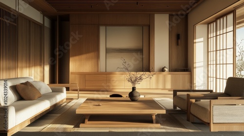 Minimalist Japandi luxury living room with sleek wood furniture, soft fabric accents, and muted tones, blending modern and traditional elegance. photo