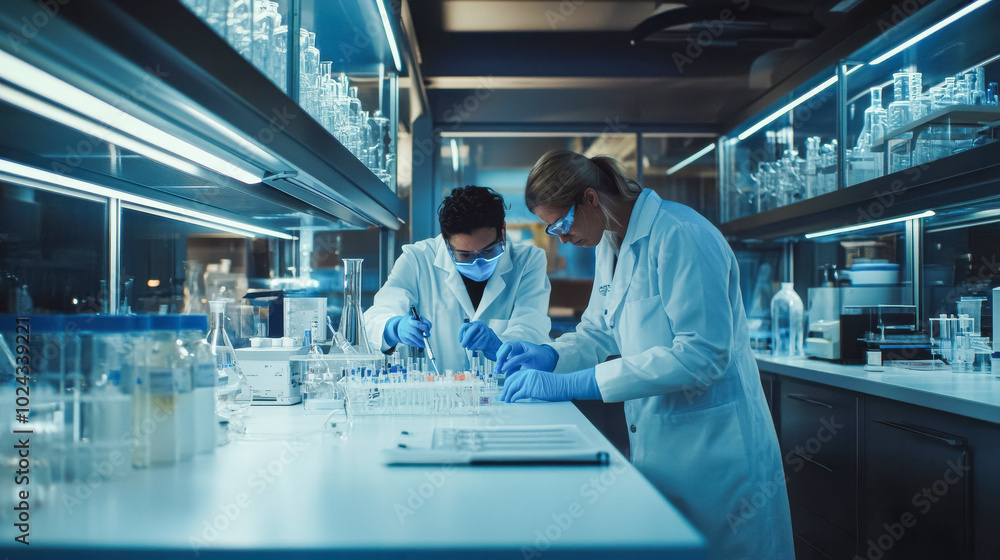Two focused scientists in a sleek, modern laboratory, wearing white lab coats Two focused scientists in a sleek, modern laboratory, wearing white lab coats