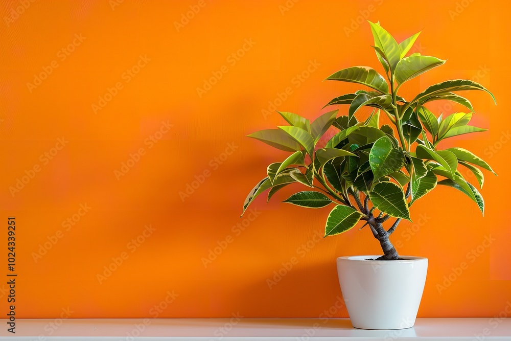Orange wall featuring an orange potted plant and a white vase, Generative AI. Orange wall featuring an orange potted plant and a white vase, Generative AI.