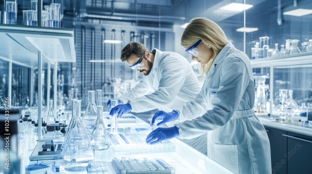 Two focused scientists in a sleek, modern laboratory, wearing white lab coats Two focused scientists in a sleek, modern laboratory, wearing white lab coats