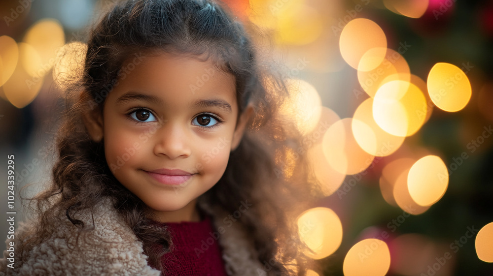 A happy child smiles by a beautifully decorated Christmas tree during the holidays