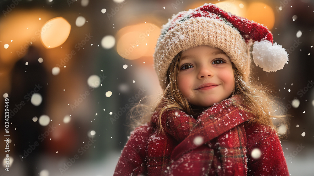 A joyful child smiles in a festive red hat during snowfall on Christmas Day A joyful child smiles in a festive red hat during snowfall on Christmas Day