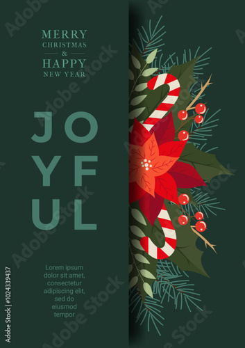 Trendy Christmas and Happy New Year Сard  with Spruce Branch, Poinsettia, Berries, Candy. Bright Universal Art Templates. Traditional Xmas Poster with Trendy Fonts for Social media, Website, sale.