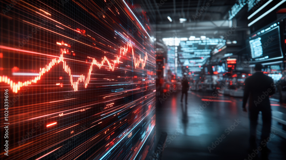Digital stock board displaying red alarm lights and fluctuating graphs, creating sense of urgency and alertness in high tech environment