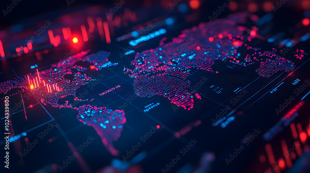A digital map of the world overlaid with stock market charts and analytics, providing a comprehensive view of global financial trends and economic activity. This image illustrates the interconnectedne A digital map of the world overlaid with stock market charts and analytics, providing a comprehensive view of global financial trends and economic activity. This image illustrates the interconnectedne