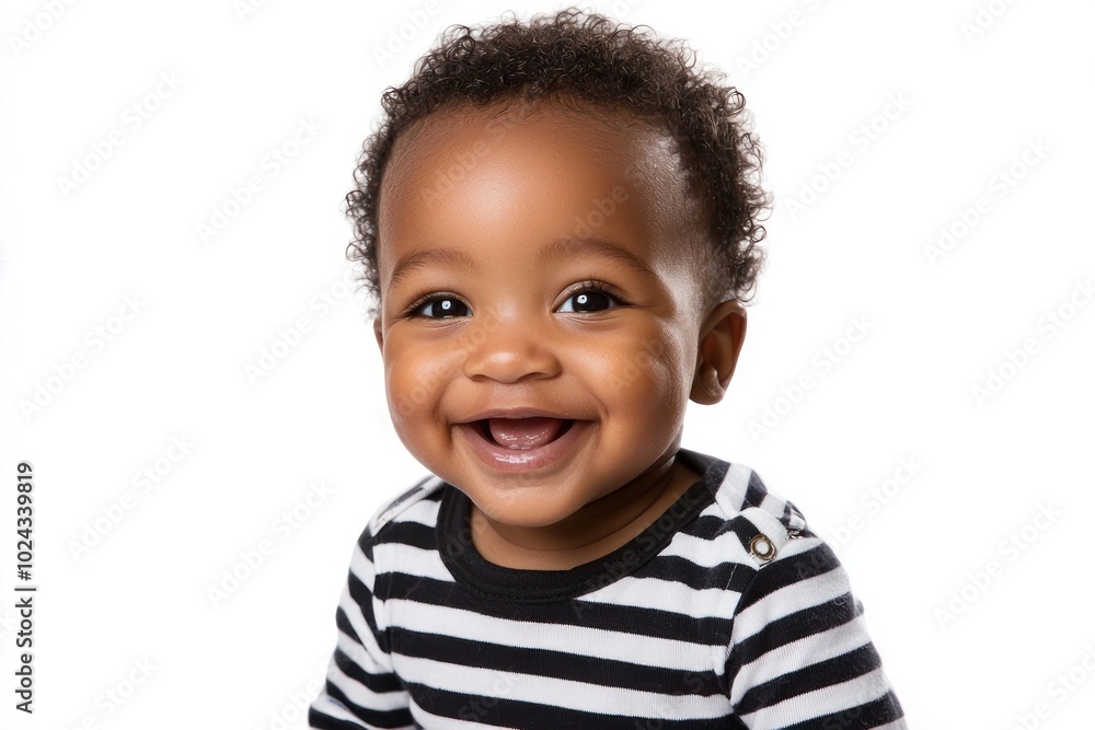 Smiling baby with striped shirt showing first teeth against white background Generative AI Smiling baby with striped shirt showing first teeth against white background Generative AI
